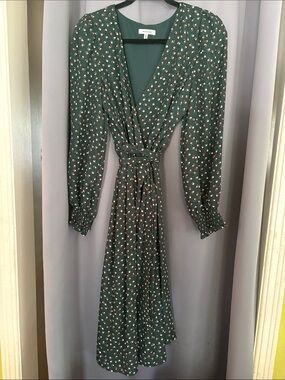 Max Studio Dark Green Long Sleeve Wrap Dress with Micro Dot Print